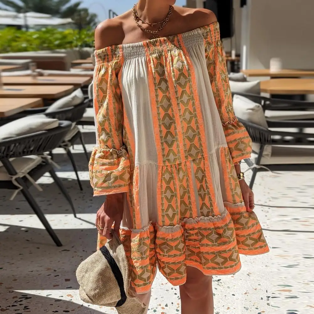Vintage Print Women Dress Bohemia Style Retro Printing Off Shoulder Flared Long Sleeve Dress with Ruffle Hem Chic for Women
Vintage Print Women Dress Bohemia Style Retro Printing Off Shoulder Flared Long Sleeve Dress with Ruffle Hem Chic for Women