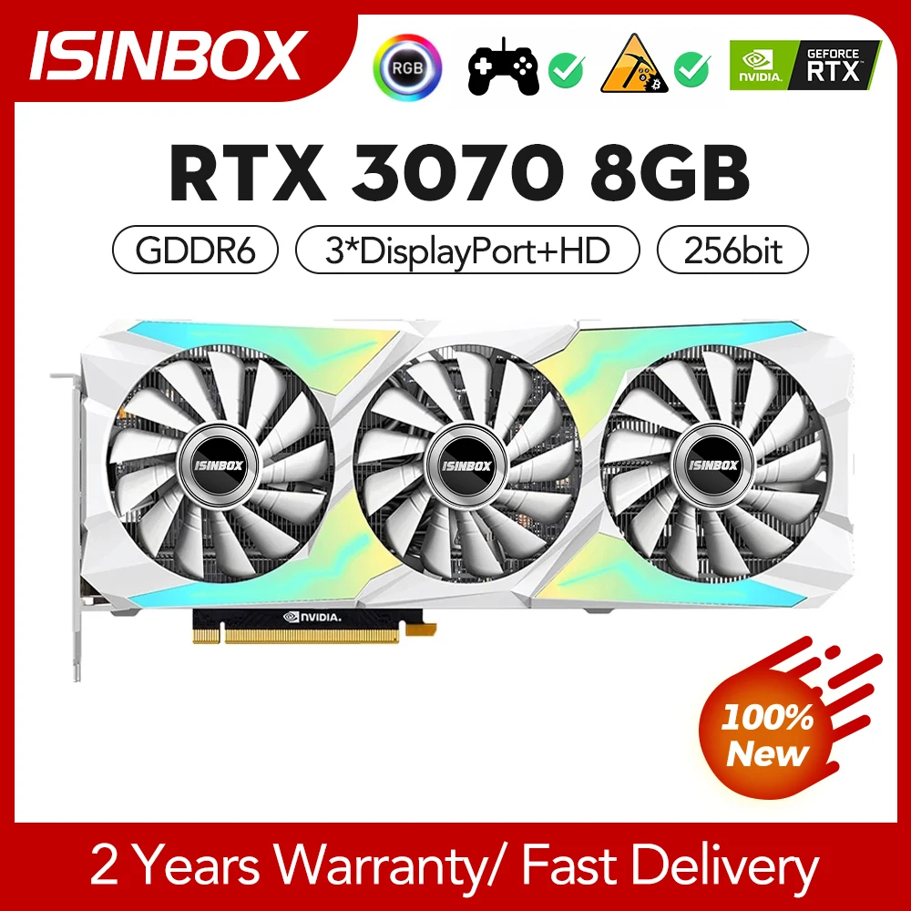 

Видеокарта ISINBOX RTX 3070, 8 ГБ, RGB PCI-E 4,0 X16 GDDR6 256Bit 3 DP HD, видеокарты для игр NVIDIA GeForce RTX3070 8G