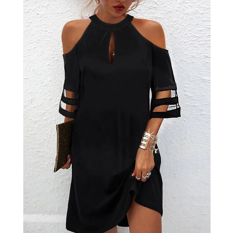 Summer Women Fashion Vacation Party Daily Elegant Black Half Sleeve Straight Mini Dress Contrast Mesh Cold Shoulder Casual Dress
Summer Women Fashion Vacation Party Daily Elegant Black Half Sleeve Straight Mini Dress Contrast Mesh Cold Shoulder Casual Dress
