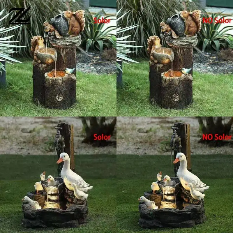 

Duck Solar Power Squirrel Resin Patio Fountain Design With Led Light Garden Decoration Outdoor Simulation Decoration Gifts