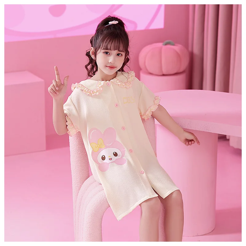 

Летняя Ночная рубашка в стиле принцессы для девочек Sanrios с мультяшным рисунком My Melody Cinnamoroll Kuromi Kawaii Пижама Платье Домашняя одежда подарок для детей
