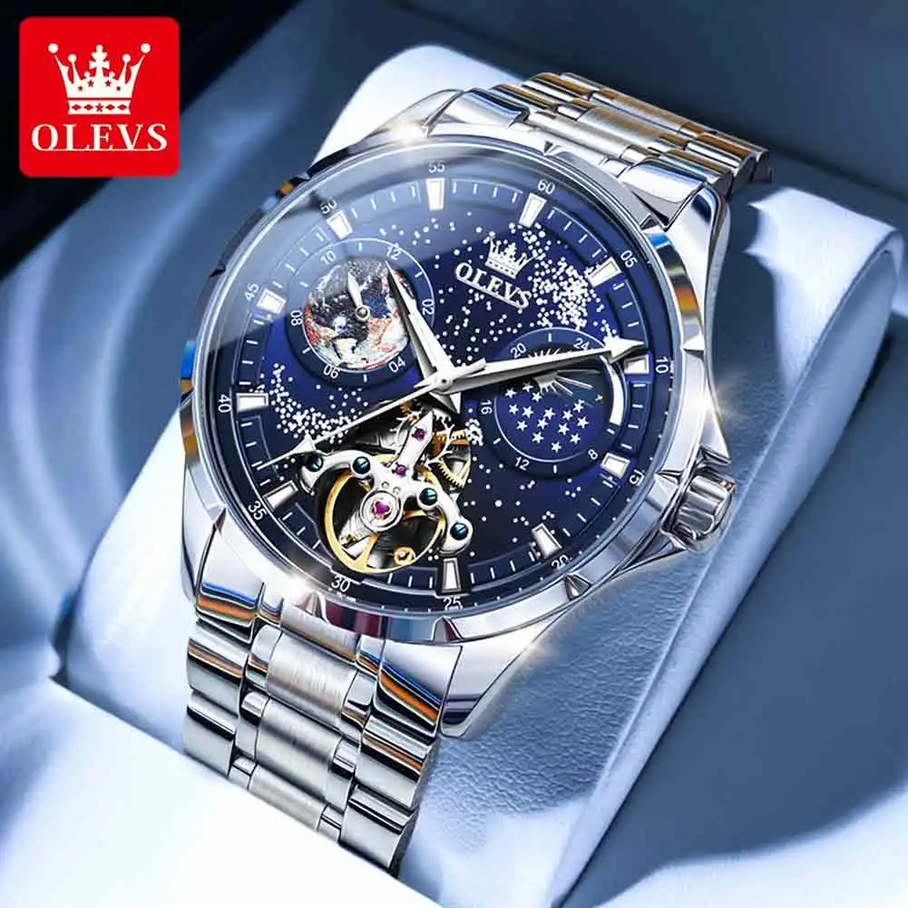 OLEVS Men Watch Fully Automatic Mechanical Skeleton Starry Sky Moon Phase Luminous Waterproof Stainless Steel Mechanical Watch
OLEVS Men Watch Fully Automatic Mechanical Skeleton Starry Sky Moon Phase Luminous Waterproof Stainless Steel Mechanical Watch