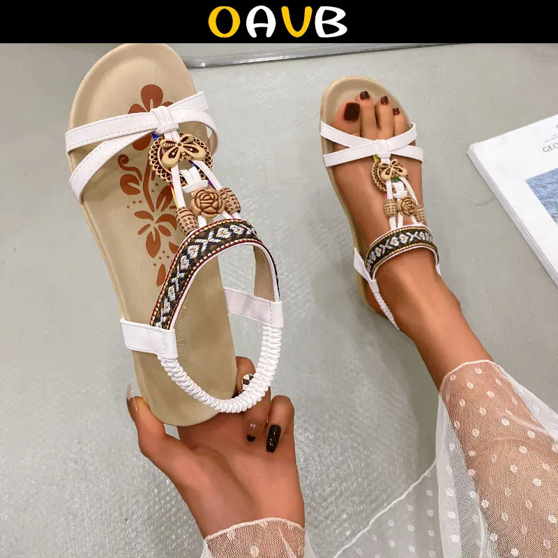 

OAVB Women Shoes Bohemian String Bead Peep Toe Women Sandals Beach Ladies Slippers Roman Wedges Women's Sandal 2023 New Summer