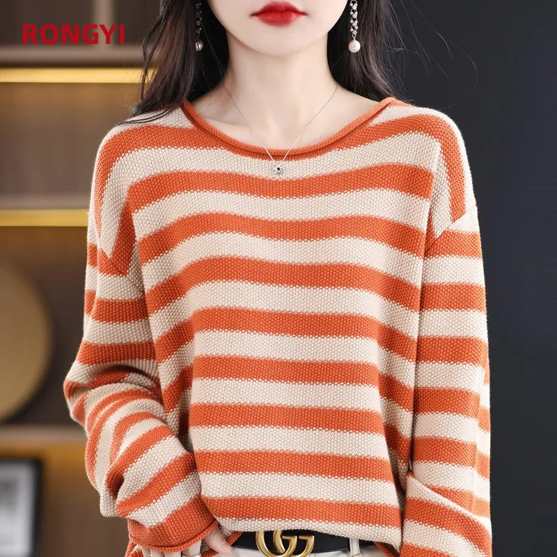 RONGYI 100% Cotton Woman Spring And Autumn Stripe Curled Collar Pullover Sweater Coat Knit Fashion Bottoming Shirt New Top
RONGYI 100% Cotton Woman Spring And Autumn Stripe Curled Collar Pullover Sweater Coat Knit Fashion Bottoming Shirt New Top