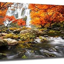 Landscape Canvas Waterfall Nature Forest Scenery Painting, Modern Scene Artwork Mountain Scenery Picture Framed for Living Roo