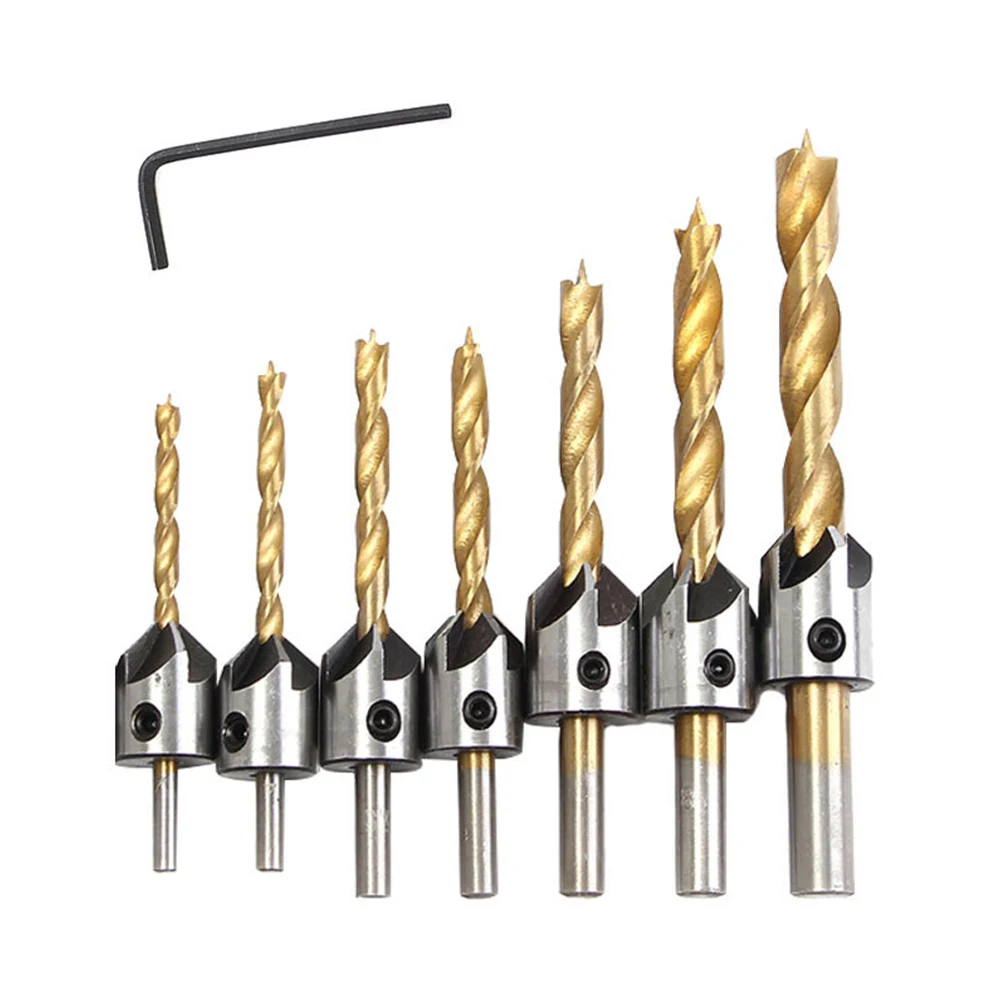 7 Pcs Countersunk Drill Bit W/ Key Wrench Three Point Carpentry Drills 3-10mm For Renovator Woodworking Tools Accessories
7 Pcs Countersunk Drill Bit W/ Key Wrench Three Point Carpentry Drills 3-10mm For Renovator Woodworking Tools Accessories