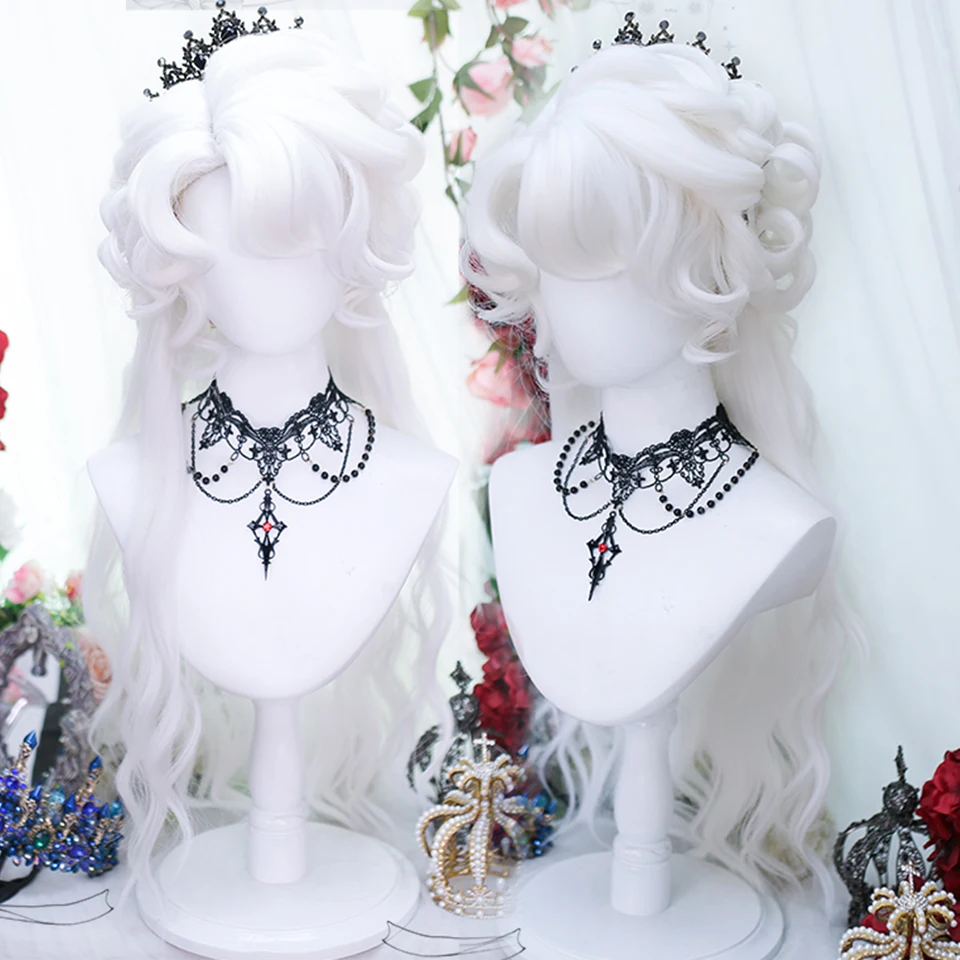 

HOUYAN synthesis Long curly hair Pure white Black Red Wave retro female bangs Lolita cosplay Heat resistant wig party wig