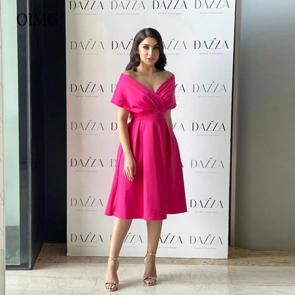 Simple A Line Hot Pink Satin Evening Dresses Off Shoulder Short Sleeves Knee Length Prom Party Dress Arabic Formal Gown
Simple A Line Hot Pink Satin Evening Dresses Off Shoulder Short Sleeves Knee Length Prom Party Dress Arabic Formal Gown