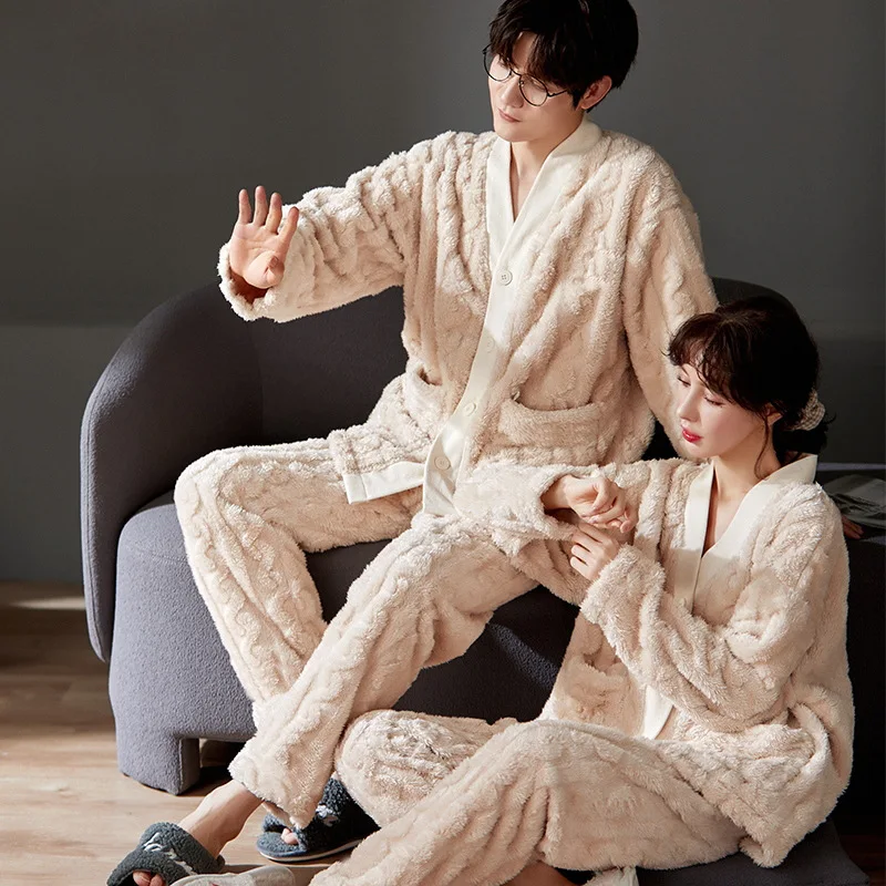 Flannel Couple Sleepwear Winter Warm Coral Fleece Men Women Homewear Simple Beige Cardigan Button Long Sleeve Pajamas Set Couple
Flannel Couple Sleepwear Winter Warm Coral Fleece Men Women Homewear Simple Beige Cardigan Button Long Sleeve Pajamas Set Couple