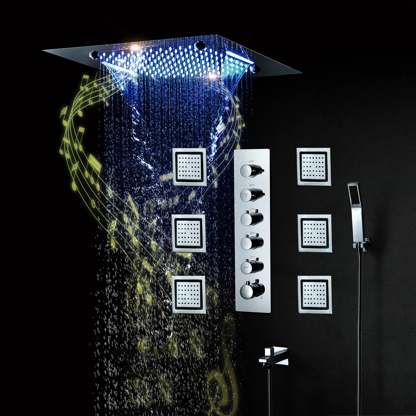 20 Inch Bathroom Shower System 5 Functions Thermostatic Mixer Brass Bath Tap Embedded Ceiling Music LED Rain ShowerHeads Chrome
20 Inch Bathroom Shower System 5 Functions Thermostatic Mixer Brass Bath Tap Embedded Ceiling Music LED Rain ShowerHeads Chrome