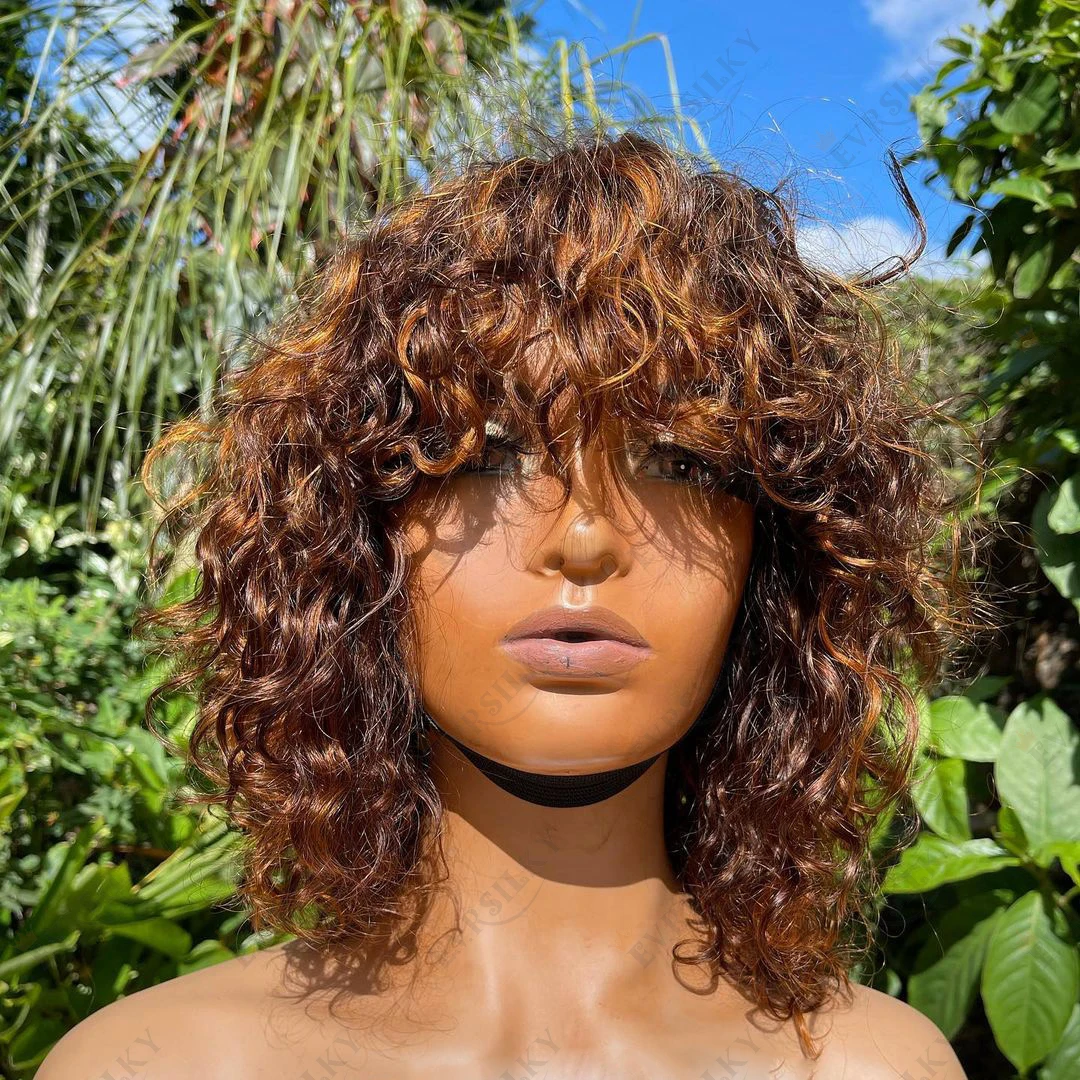 

Brown Highlight Lace Front Wigs Bangs Curly 13X6 Lace Frontal Wig Water Wave Glueless Human Hair Wigs Fringe Remy Bleached Knots