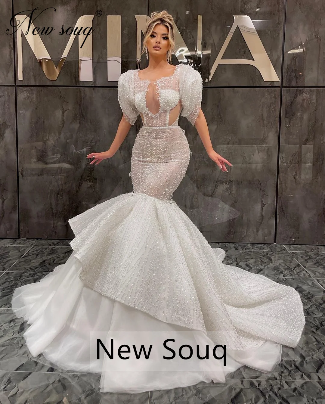 Elegant Beading Crystal Evening Dresses Short Puffy Sleeves Formal Mermaid Prom Gowns Arabic Dubai Shiny Weddings Party Dress
Elegant Beading Crystal Evening Dresses Short Puffy Sleeves Formal Mermaid Prom Gowns Arabic Dubai Shiny Weddings Party Dress