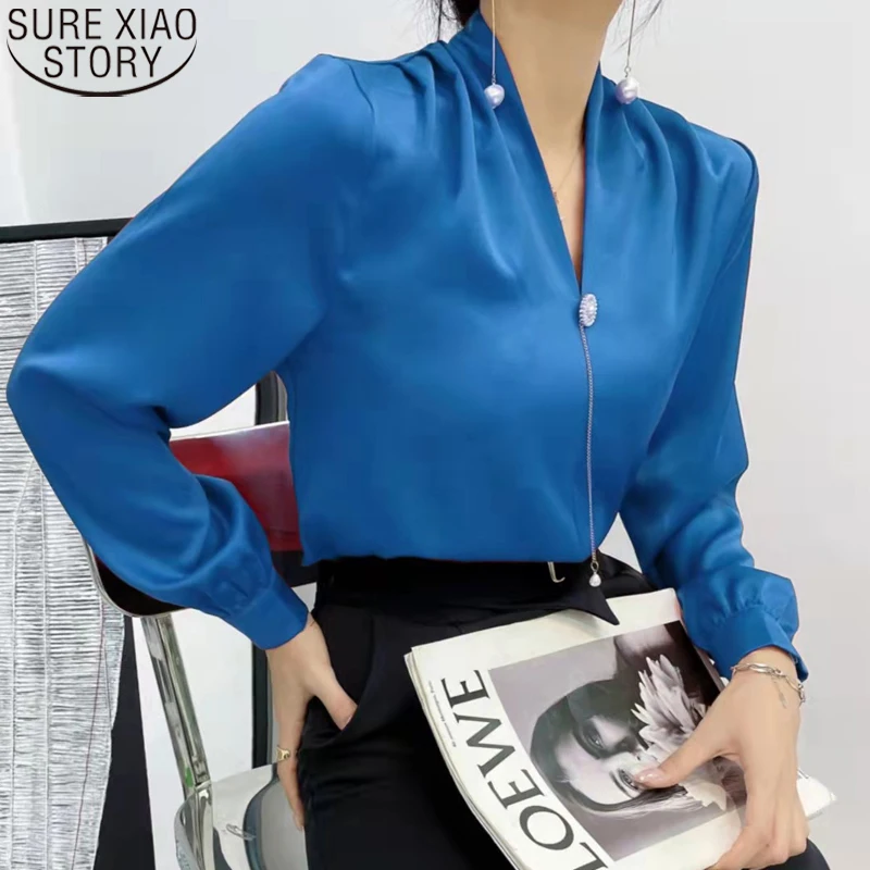 New Satin Blouses for Women Office Lady Silk Shirt 2022 Spring Solid V-neck Pearl Chain Shirts Elegant Female Blusa Mujer 18587
New Satin Blouses for Women Office Lady Silk Shirt 2022 Spring Solid V-neck Pearl Chain Shirts Elegant Female Blusa Mujer 18587