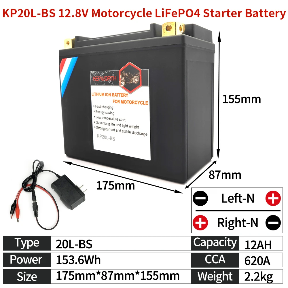KP20L-BS LiFePO4 Motorcycle Starter Battery 12V 12Ah CCA 620A Lithium Iron Motorbike Battery BMS For Scooter ATVs UTVs YTX20L-BS
KP20L-BS LiFePO4 Motorcycle Starter Battery 12V 12Ah CCA 620A Lithium Iron Motorbike Battery BMS For Scooter ATVs UTVs YTX20L-BS