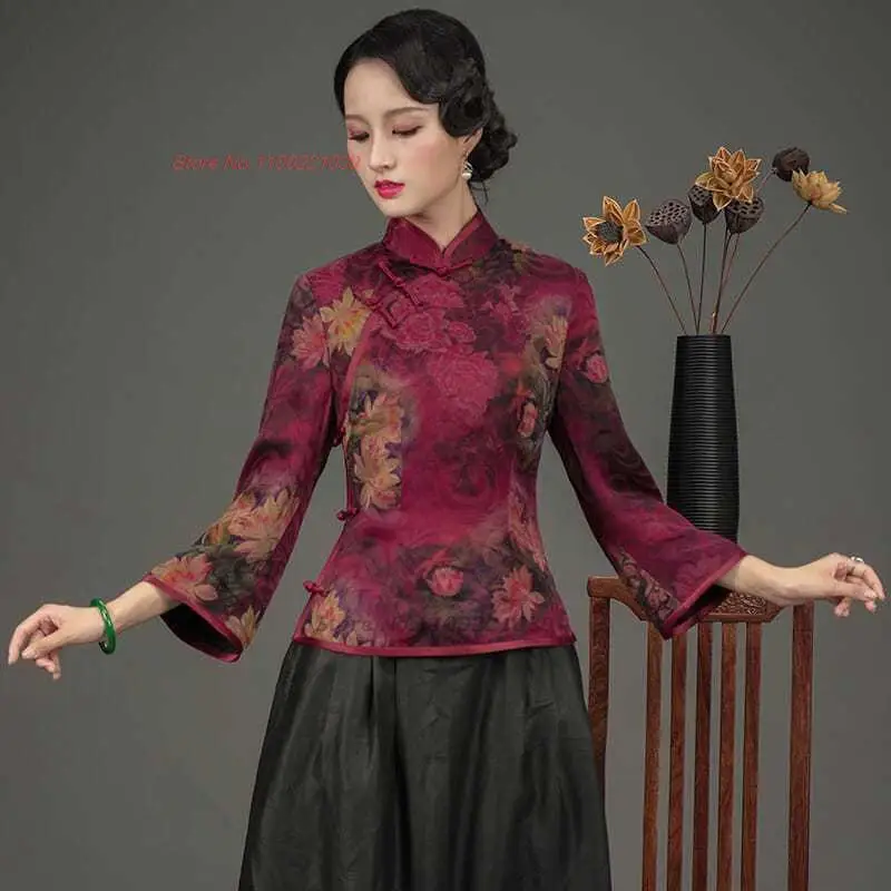 

2023 vintage chinese blouse tang suit women ethnic harajuku national flower print satin qipao oriental tea service hanfu shirt