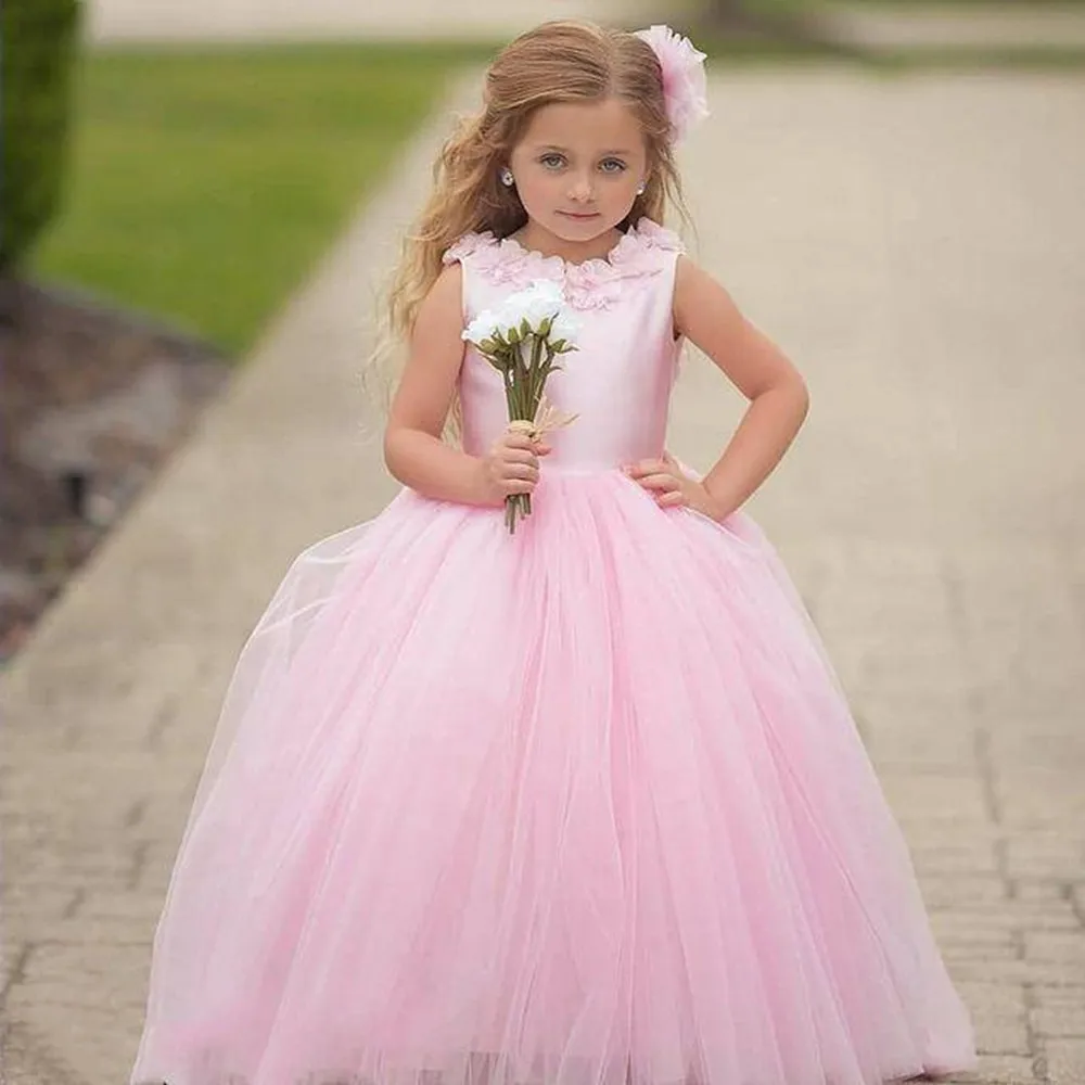 

Милое розовое платье для девочек с 3D цветами, прозрачное бальное платье с s-образным вырезом и жемчугом, яркие тюлевые платья лилового цвета для детей на день рождения, конкурс, свадебная одежда