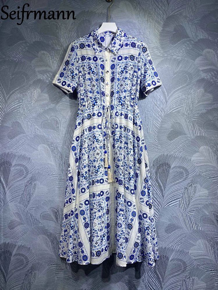

Seifrmann High Quality Summer Women Fashion Designer Cotton Dress Short Sleeve Blue Print Lace Up Big Swing A-Line Midi Dresses