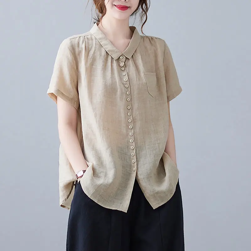 New Arrival Summer Women Turn-down Collar Short Sleeve Blouse Cotton Linen Pockets Patchwork Single Breasted Casual Shirts P393
New Arrival Summer Women Turn-down Collar Short Sleeve Blouse Cotton Linen Pockets Patchwork Single Breasted Casual Shirts P393