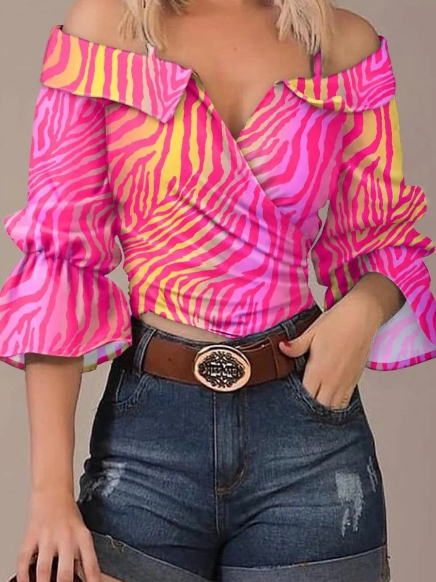 LW Off The Shoulder Gradient Striped Blouse Lapel Neck One-shoulder Shirts 3/4 Flare Sleeve Tee Elegant Slim Fit Crop Tops
LW Off The Shoulder Gradient Striped Blouse Lapel Neck One-shoulder Shirts 3/4 Flare Sleeve Tee Elegant Slim Fit Crop Tops