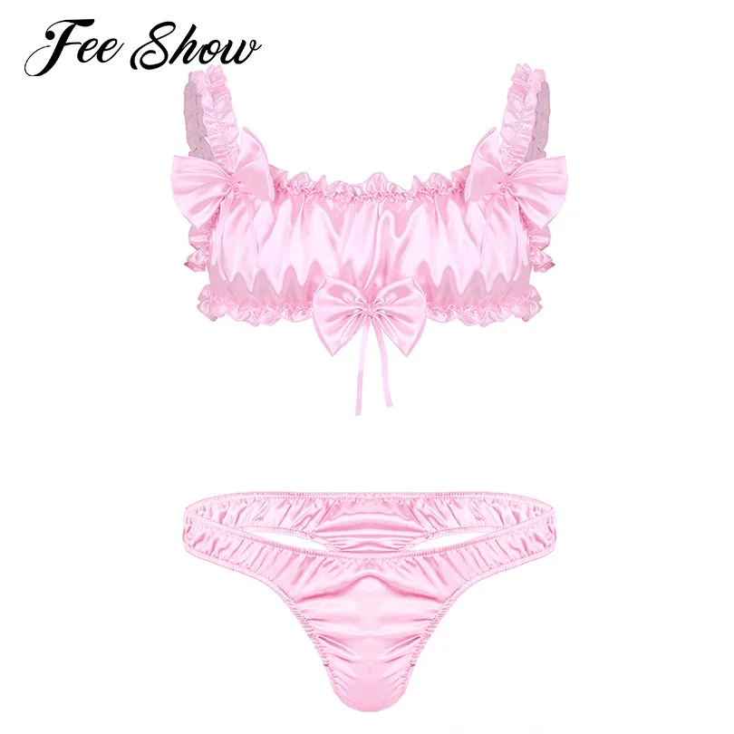 Gay Mens Sissy Lingerie Suits Nightwear Satin Ruffled Frilly Wire-free Bra Top with Low Rise Thong Briefs Underwear Exotic Sets 
Gay Mens Sissy Lingerie Suits Nightwear Satin Ruffled Frilly Wire-free Bra Top with Low Rise Thong Briefs Underwear Exotic Sets