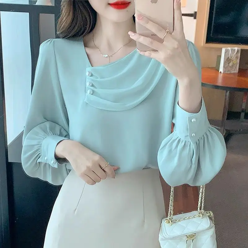

Spring Simplicity Commute Long Sleeve Chiffon Shirt Women's Clothing Fashion All-match Casual Beading Spliced Solid Color Blouse