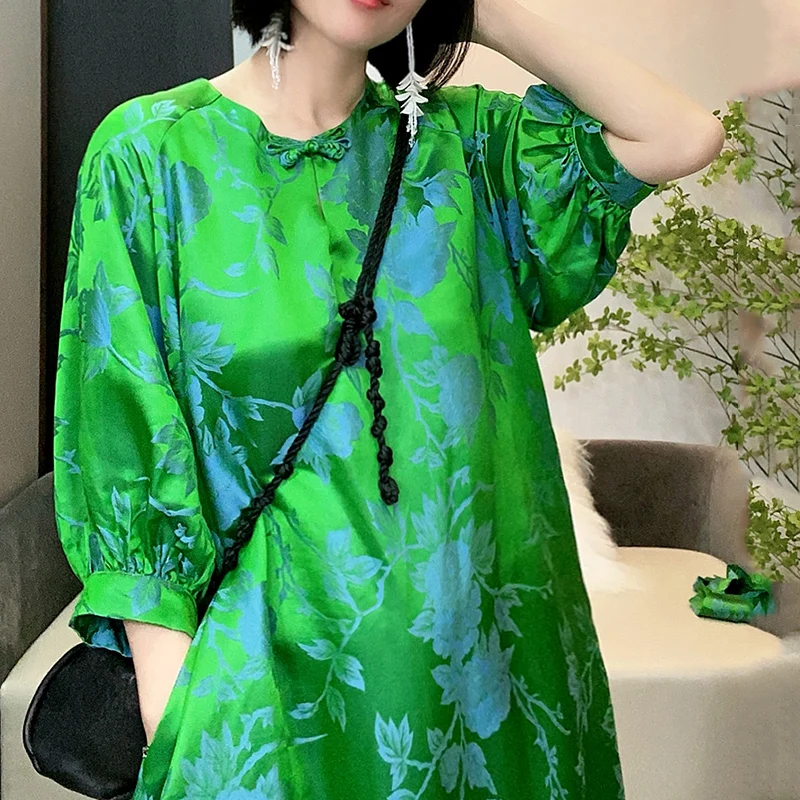 

High Quality Summer New Bamboo Forest Green O-Neck Silk Jacquard Raglan Sleeves Pipa Button Loose + Belt Long Lady Dress M-XL