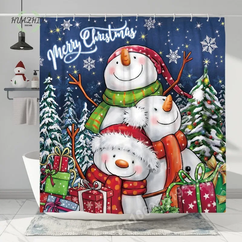 

Winter Snowman Shower Curtain Merry Christmas Snowflake Snowy Pine Tree Xmas Holiday Home Bathroom Curtain with Hooks Decoration