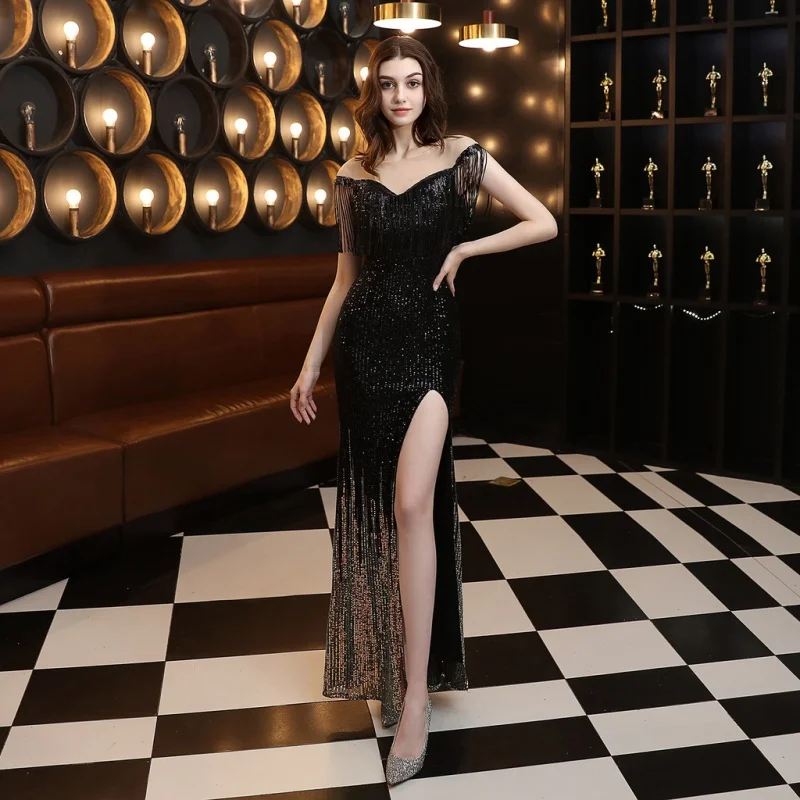 

【In Stock】 Long Mermaid Sequin Evening Dress New One Shoulde Thin Banquet Elegant Annual Meeting Host Noble Dress Woman