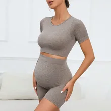 Pregnant Womens Yoga Suit Moisture-wicking Quick-drying Sports Fitness Short-sleeved Shorts Suit Women
