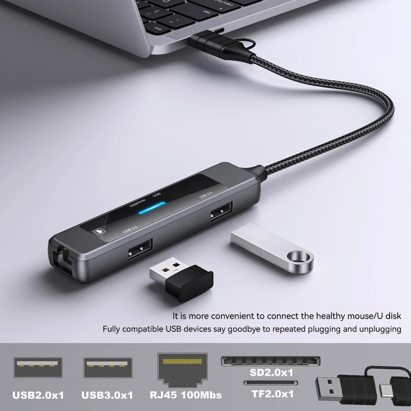 

USB-концентратор 5-в-1 с портами USB 3,0 для чтения карт SD/TF, многопортовый адаптер «подключи и работай» для док-станции планшетов и ноутбуков