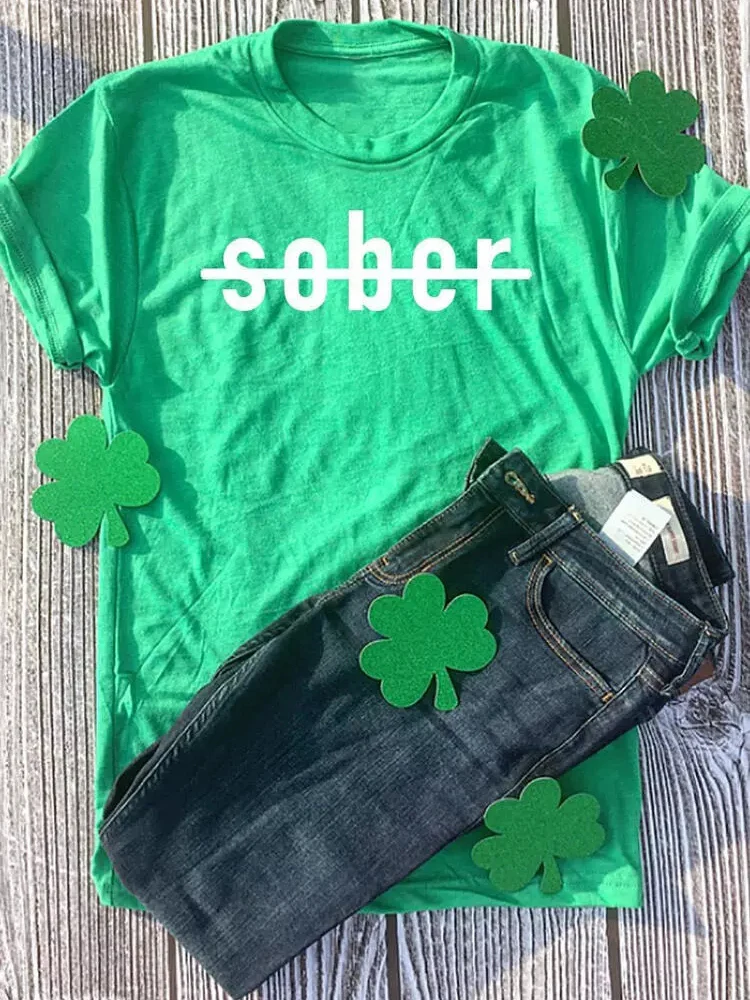 

Summer T-Shirts For Women St. Patrick's Day Sober T-Shirt Short Sleeve Print Clothing Vintage Casual Loose Tops Ropa Mujer