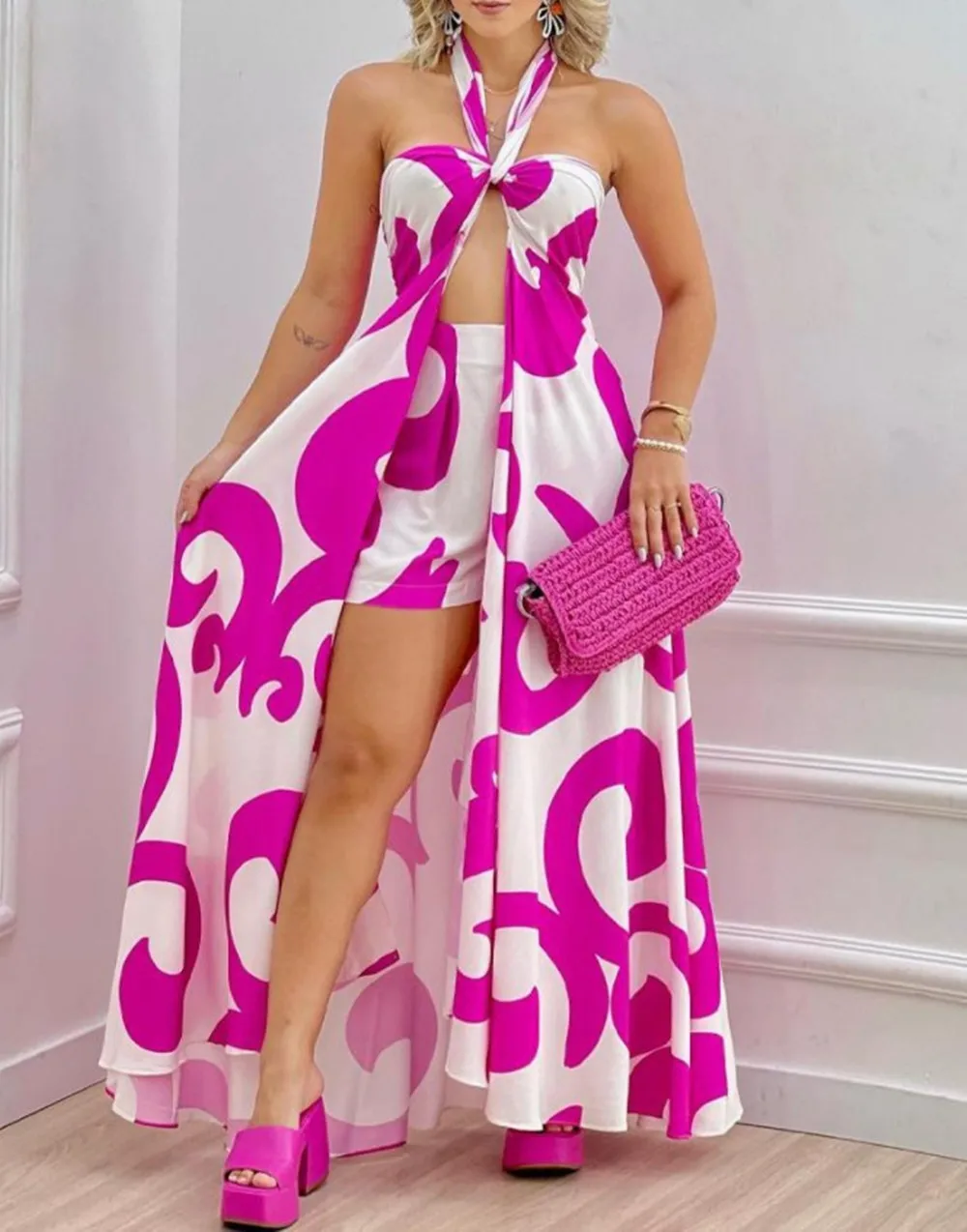 Summer Fashion Two-Piece Set Women's Printed Bra Lace-Up Split Long Top Shorts Casual Holiday Style Two-Piece Set Women
Summer Fashion Two-Piece Set Women's Printed Bra Lace-Up Split Long Top Shorts Casual Holiday Style Two-Piece Set Women