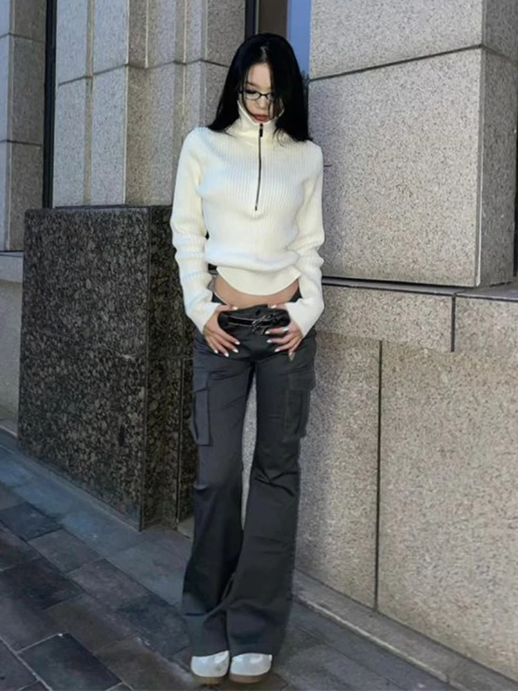 

Deeptown Harajuku White Cropped Sweater Women Grunge Kpop Half Zipper Knitted Jumper Vintage Turtleneck Y2K Top Korean Fairycore