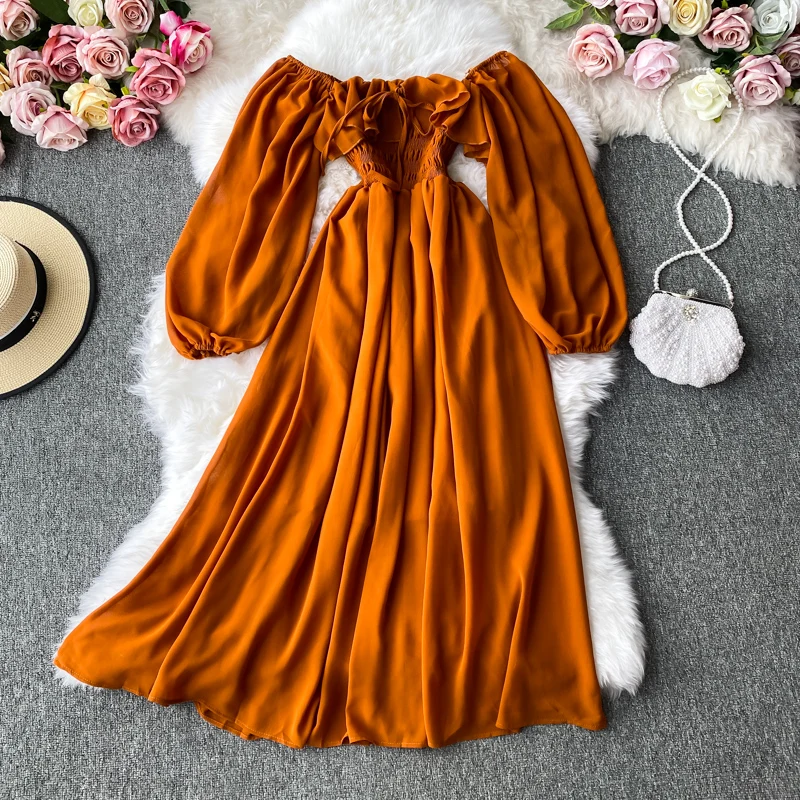 Autumn Women Slash Neck Long Sleeve Midi Dress Female Yellow/Red/Pink High Waist Ruffle Big Swing Chiffon Dresses Fashion
Autumn Women Slash Neck Long Sleeve Midi Dress Female Yellow/Red/Pink High Waist Ruffle Big Swing Chiffon Dresses Fashion