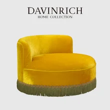 DAVINRICH Turmeric Yellow Velvet Single Sofa With Tassels Luxe Retro Design Short Round Armchair Loveseat For Living Room Saloon