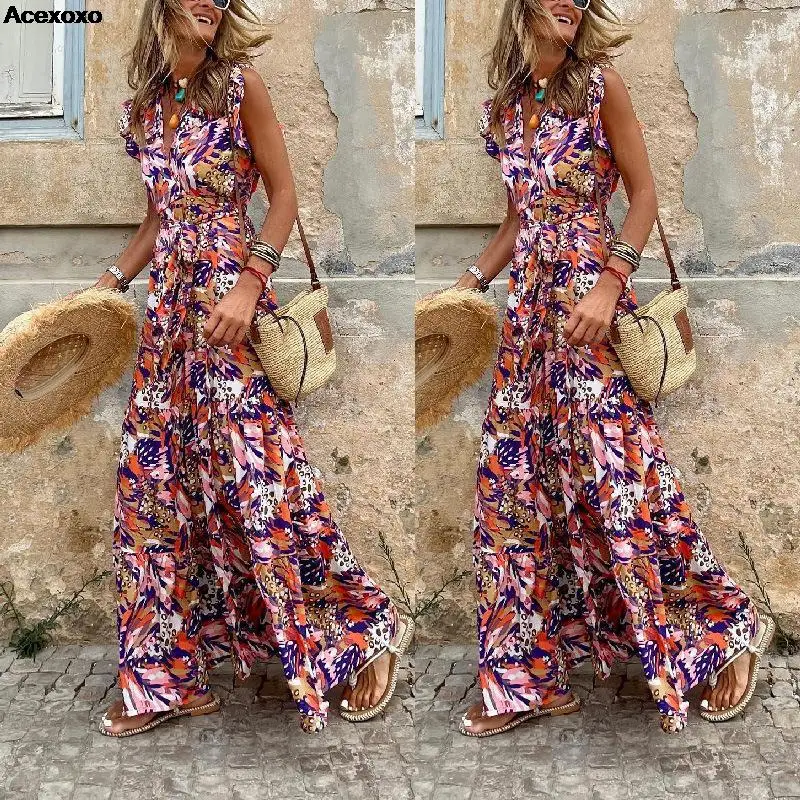 2023 spring and summer new women's fashion casual temperament sleeveless V-neck printed dress 
2023 spring and summer new women's fashion casual temperament sleeveless V-neck printed dress