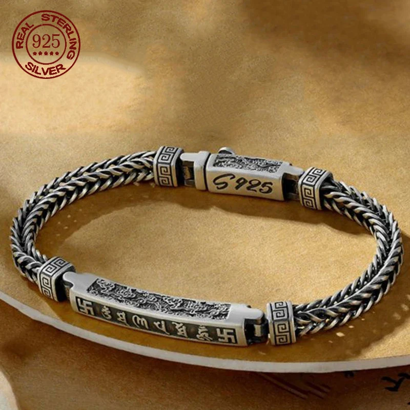 

High Grade S925 Sterling Silver 6mm Retro Auspicious Clouds Six-character Mantra Hand woven Bracelet Men Luxurious Jewelry Gift