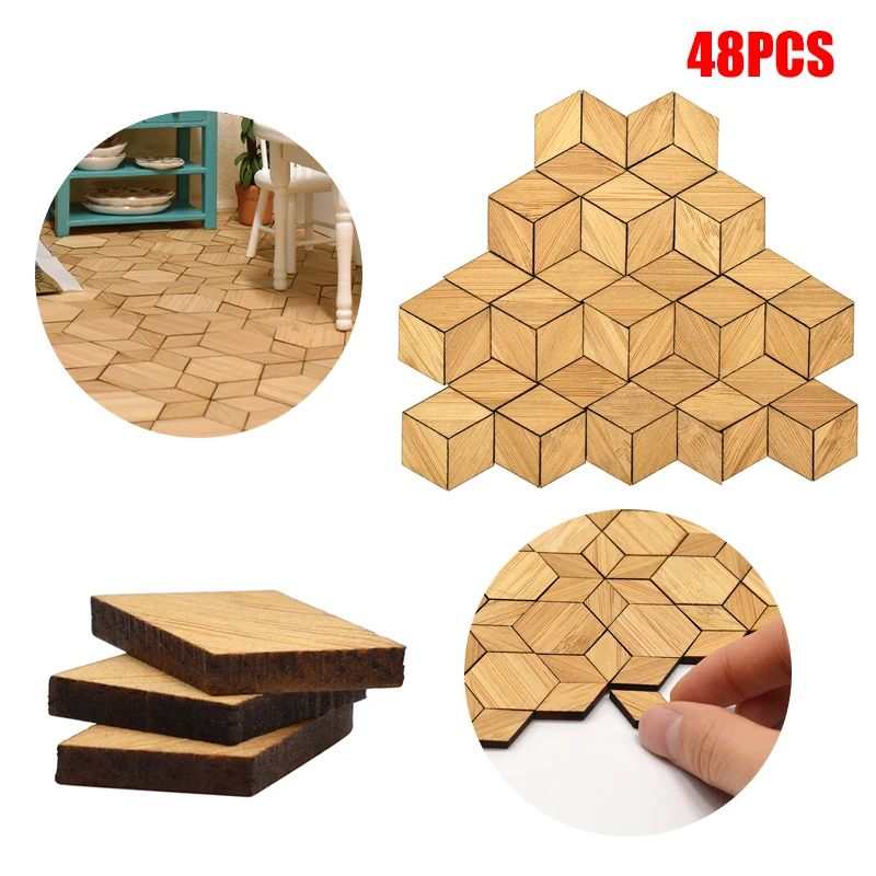 

48Pcs/set 1/12 Dollhouse Miniature Floor Tiles 3D Wall Stickers Wood Grain Floor For Doll House Living Room Bedroom Decor