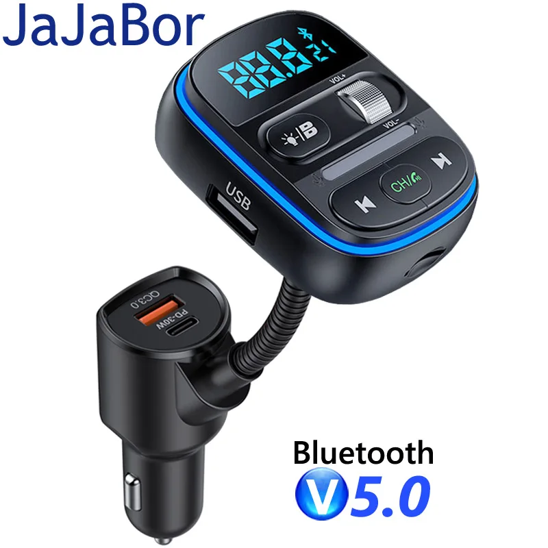 

JaJaBor FM Transmitter Colorful Light QC3.0 Type C PD 30W Fast Charging Car Mp3 Player Bluetooth Handsfree Car Kit FM Modulator