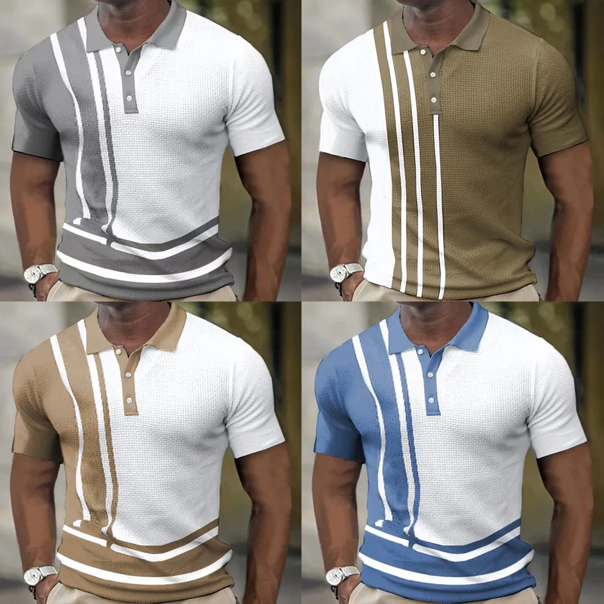 Summer new foreign trade Europe and the United States men's polo shirt short sleeve color match striped button waffle T-shirt
Summer new foreign trade Europe and the United States men's polo shirt short sleeve color match striped button waffle T-shirt