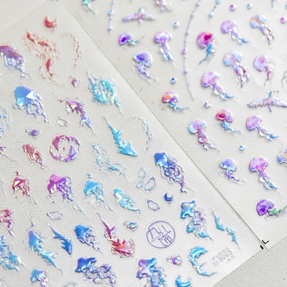 

Shiny Fantasy Dazzling Color Blue Purple Shell Jellyfish 3D Self Adhesive Nail Art Sticker Summer Ocean Sea Manicure Decal Woman