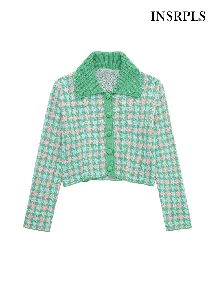 

INSRPLS Women Fashion Cropped Houndstooth Knit Cardigan Sweater Vintage Long Sleeve Front Buttons Female Outerwear Chic Tops