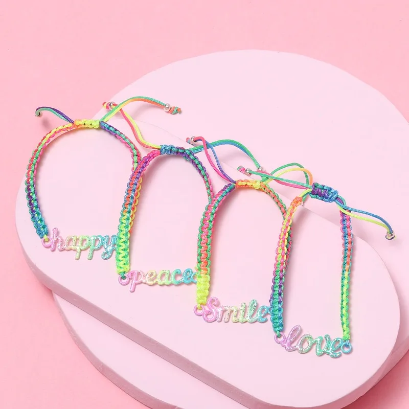 4Pcs/Set Colorful Hand Knitted Rainbow Rope Bracelet For Kids Children Happly Smile Love Peace Alloy Pendant DIY Fashion Jewelry
4Pcs/Set Colorful Hand Knitted Rainbow Rope Bracelet For Kids Children Happly Smile Love Peace Alloy Pendant DIY Fashion Jewelry