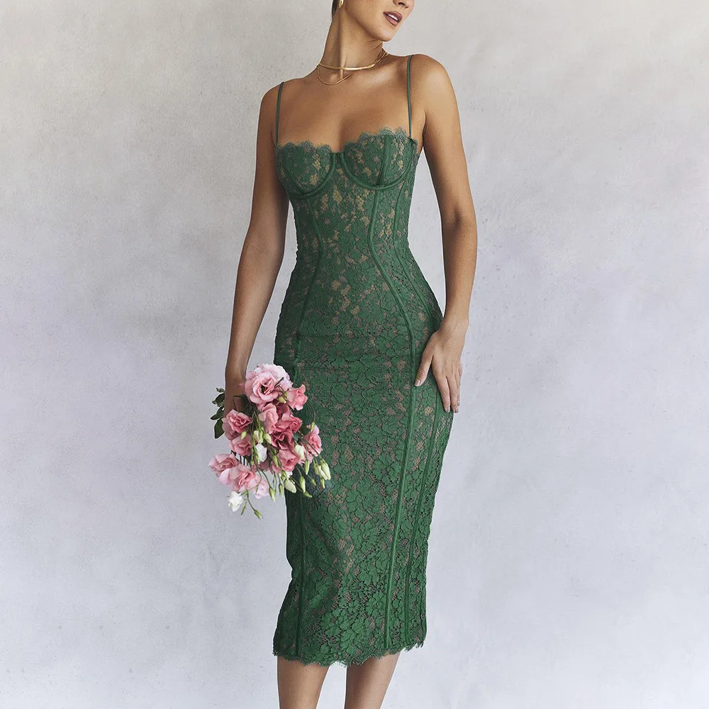 

Soolasea 2023 Women Midi Lace Green Dress Elegant Sexy Night Wedding Guest Evening Party Dresses Spaghetti Strap Birthday Dress