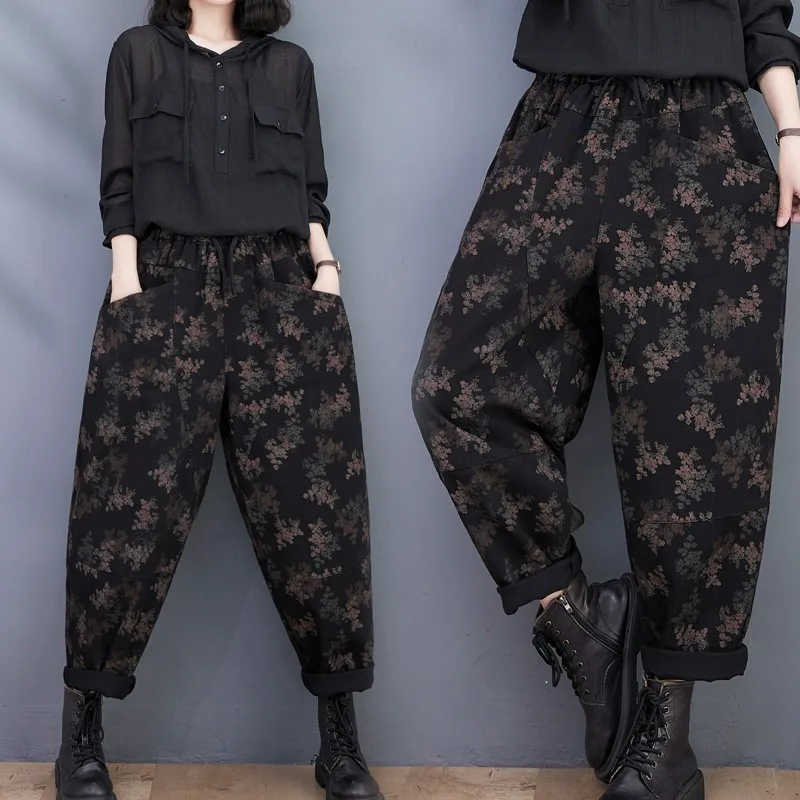 

Женские джинсы с цветочным принтом, хлопковые брюки-султанки свободного покроя с эластичной талией, повседневные брюки в декоративном стиле, P130, весна-осень 2023