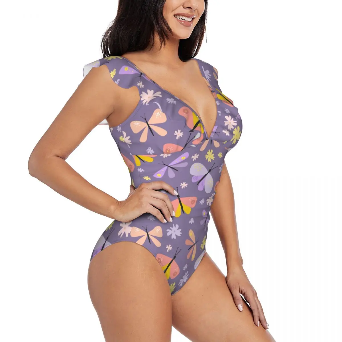 

Sexy One Piece Swimsuit 2023 Women Butterflies Beetles Ruffled Swimwear Monokini Female Bodysuit Girl Beach Bathing Suit