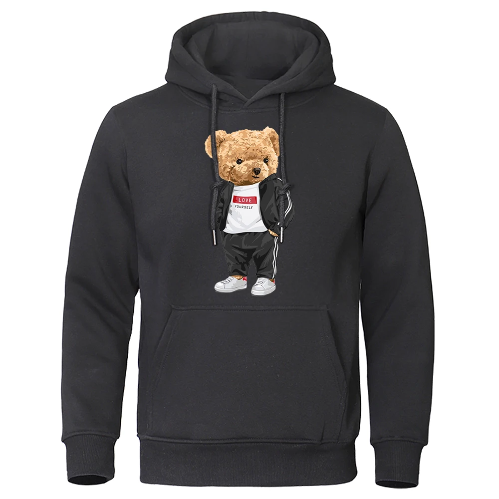 

Sporty Teddy Bear With Hands In Pockets Mens Hoodies Street Hip Hop Hoody Pocket Fleece Sweatshirt Crewneck Pullover Men Clothes