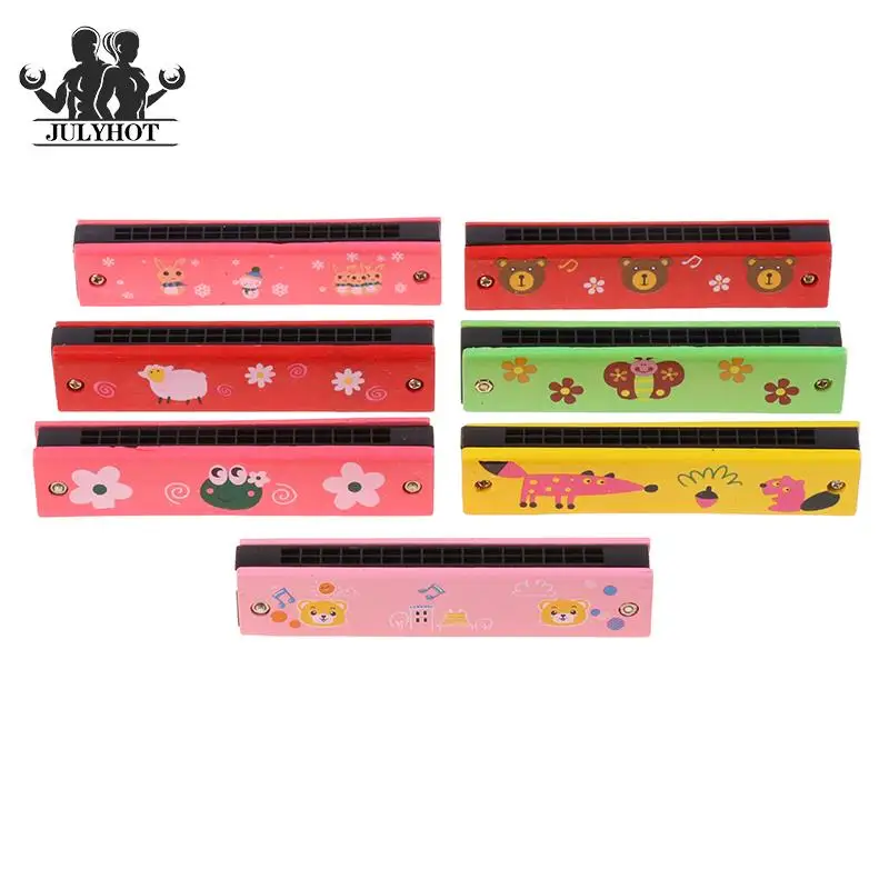 

16 Holes Wooden Harmonica Double Row Blowable Cute Cartoon Pattern Harmonica For Beginner Kids Musical Educational Toys