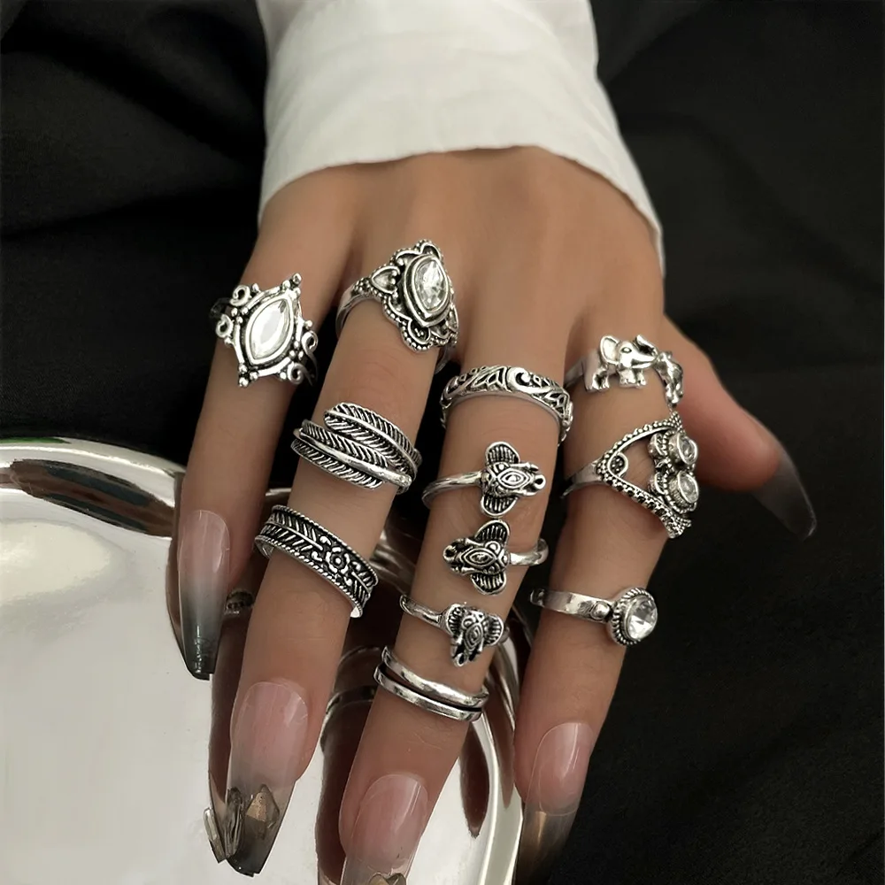 

11PCS New Senior Vintage Imitation Gem Diamond Elephant Ring Set Leaf Feather Brick Ring 2023 Modern Women Art Deco Ring Set
