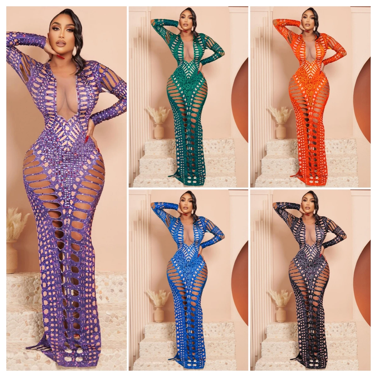 

Diamonds Hollow Out Maxi Evening Party Dress Women Sexy Mesh Patchwork V Neck Long Sleeve Back Split Bodycon Long Clubwear Robes